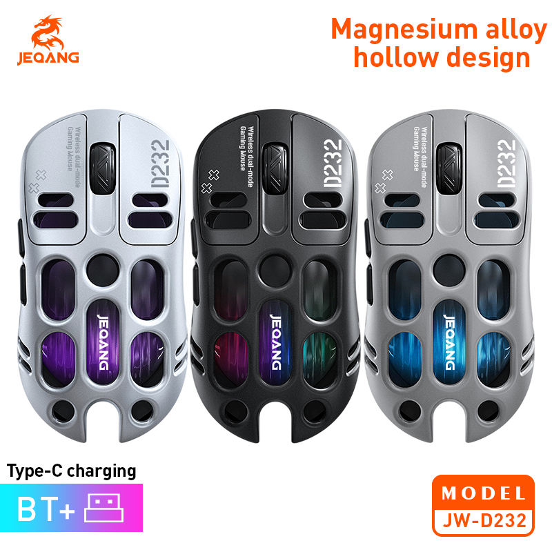 Jeqang JW-D232 RGB 2.4G BT Dual-Mode 6D Ergonomic Gaming Mouse Lightweight Magnesium Alloy Hollow Design USB Optical Tracking